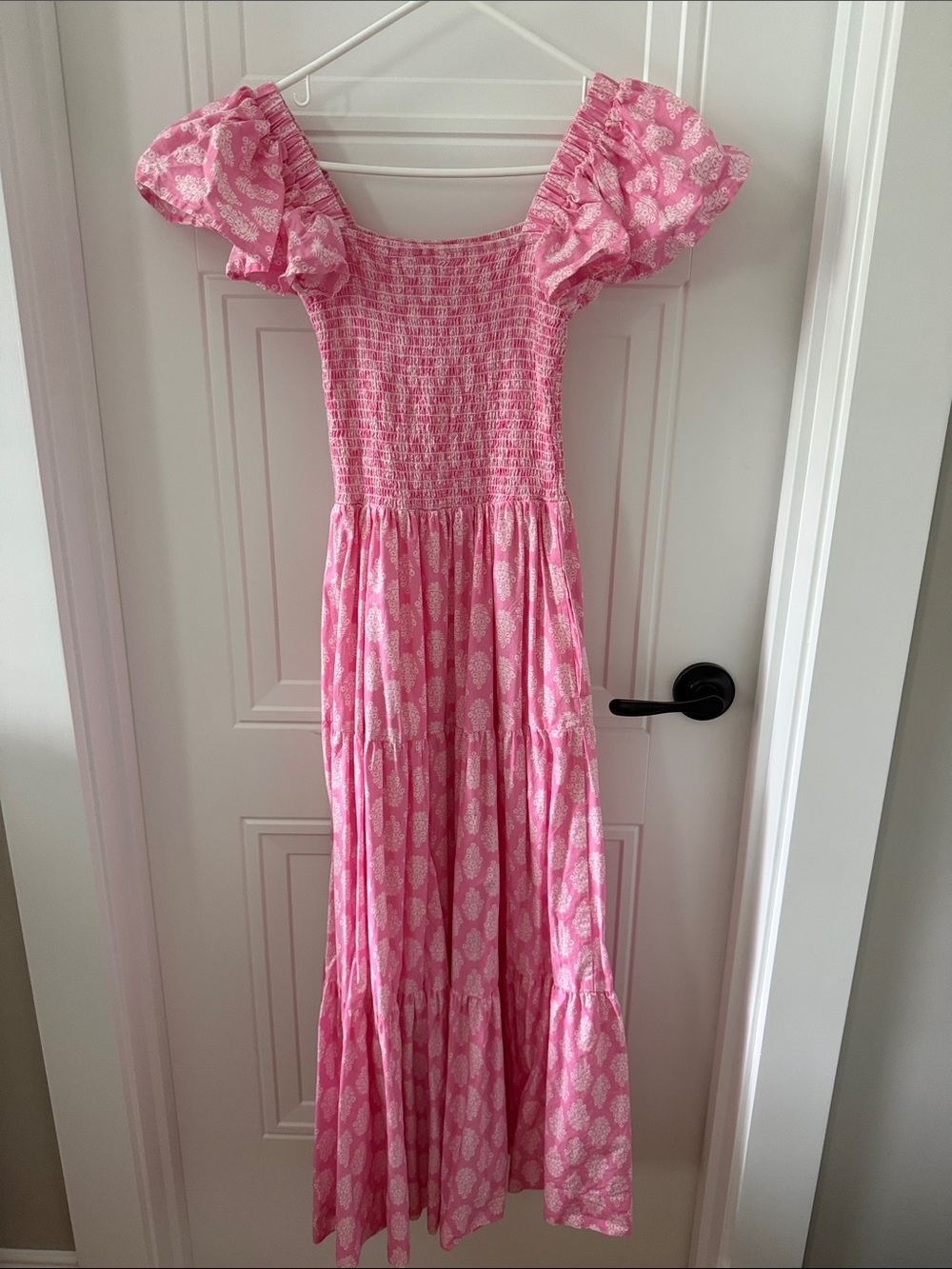 8 Oak Lane Smocked Pink Flutter Sleeve Tiered Maxi Dress - Picture 4 of 5